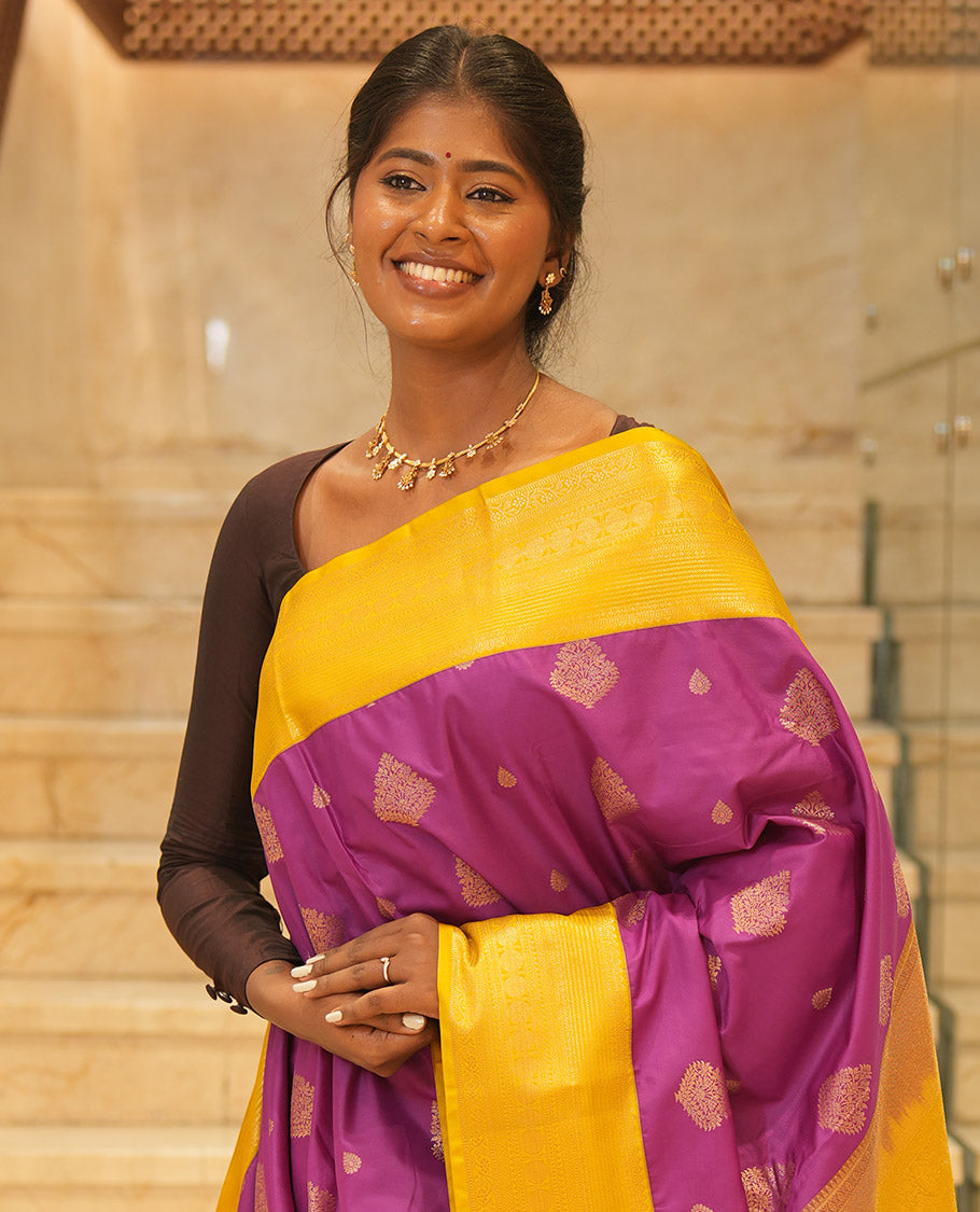 Magenta-Fluorescent Green Budget Silk Saree Features Buttas, Contrast Border, Pallu, and Contrast Blouse