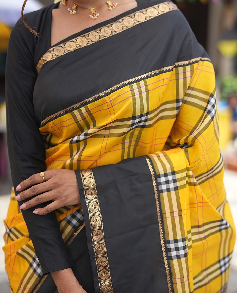 Yellow-Black Vasundhara Lite Silkmix Saree, Elevated with Checks, Contrast Rettai Pettu Border of Rekku and Poun, Zari-Striped Pallu, and a Contrast Blouse