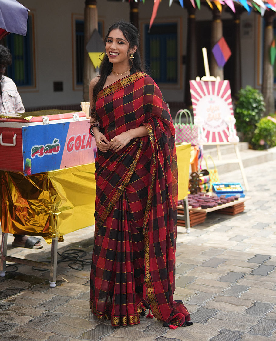 Red and Black Khadi Mul Cotton Saree Features Checks, Highlighted by Kolama Motifs Zari Border, and No Blouse