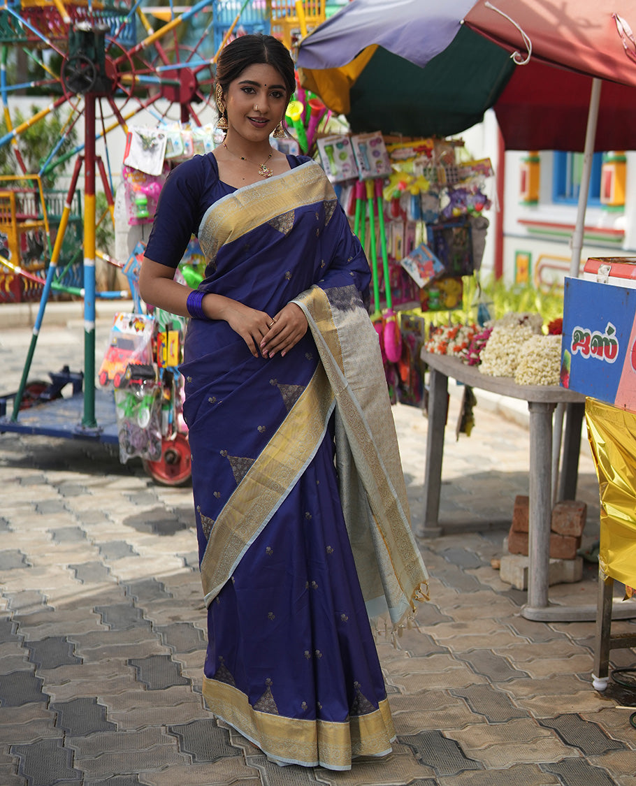 Sky Blue Budget Silk Saree, Embellished with Floral Zari Buttas, a Contrast Traditional Zari Border, Grand Pallu, and a Contrast Blouse