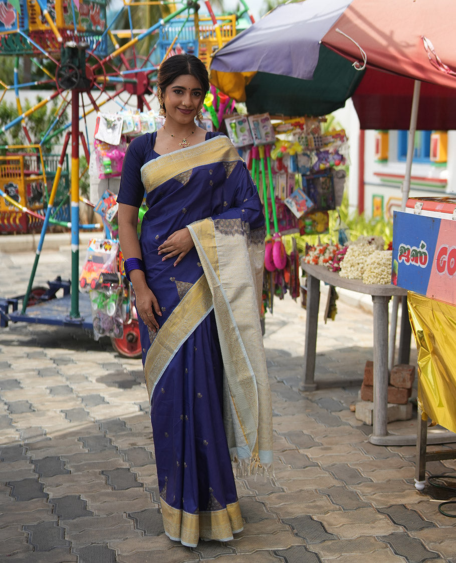 Dark Blue-Sky Blue Budget Silk Saree, Embellished with Floral Buttas, Contrast Traditional Border, Grand Pallu, and Contrast Blouse