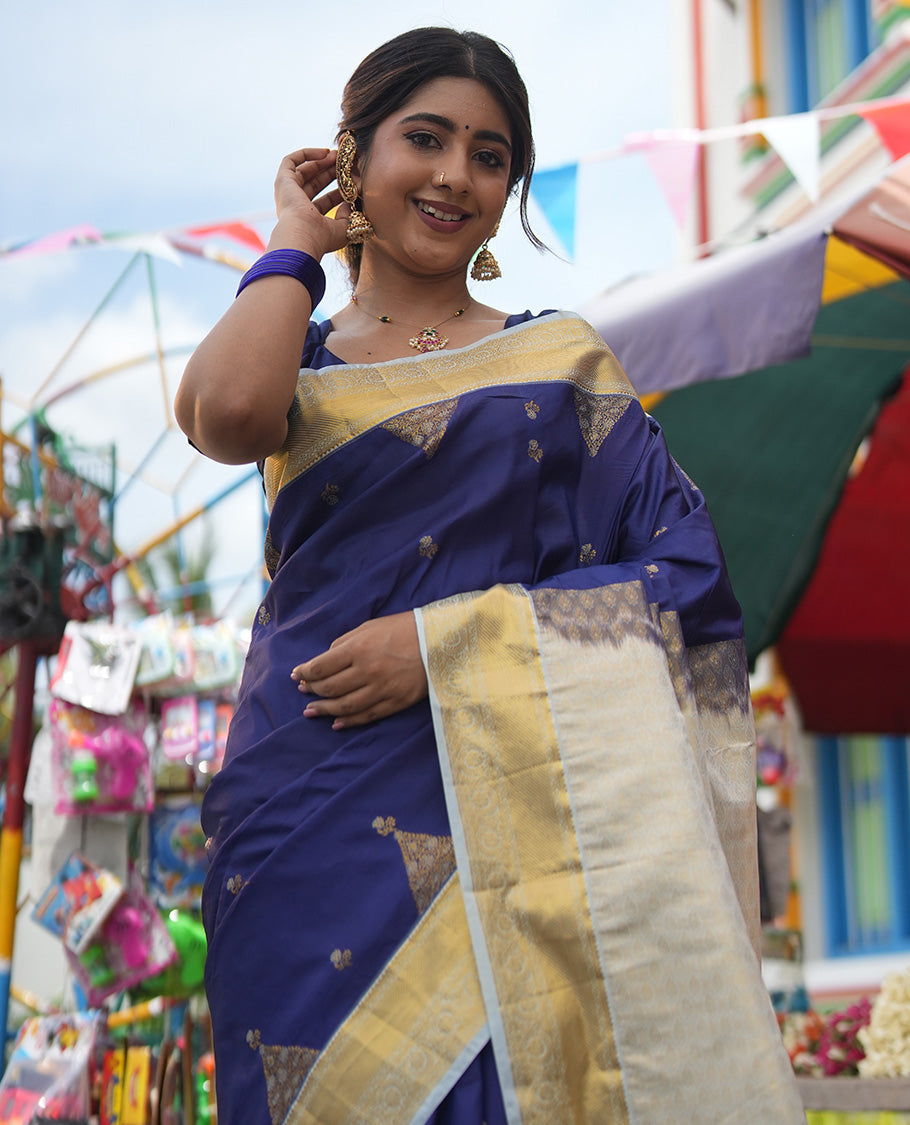 Sky Blue Budget Silk Saree, Embellished with Floral Zari Buttas, a Contrast Traditional Zari Border, Grand Pallu, and a Contrast Blouse