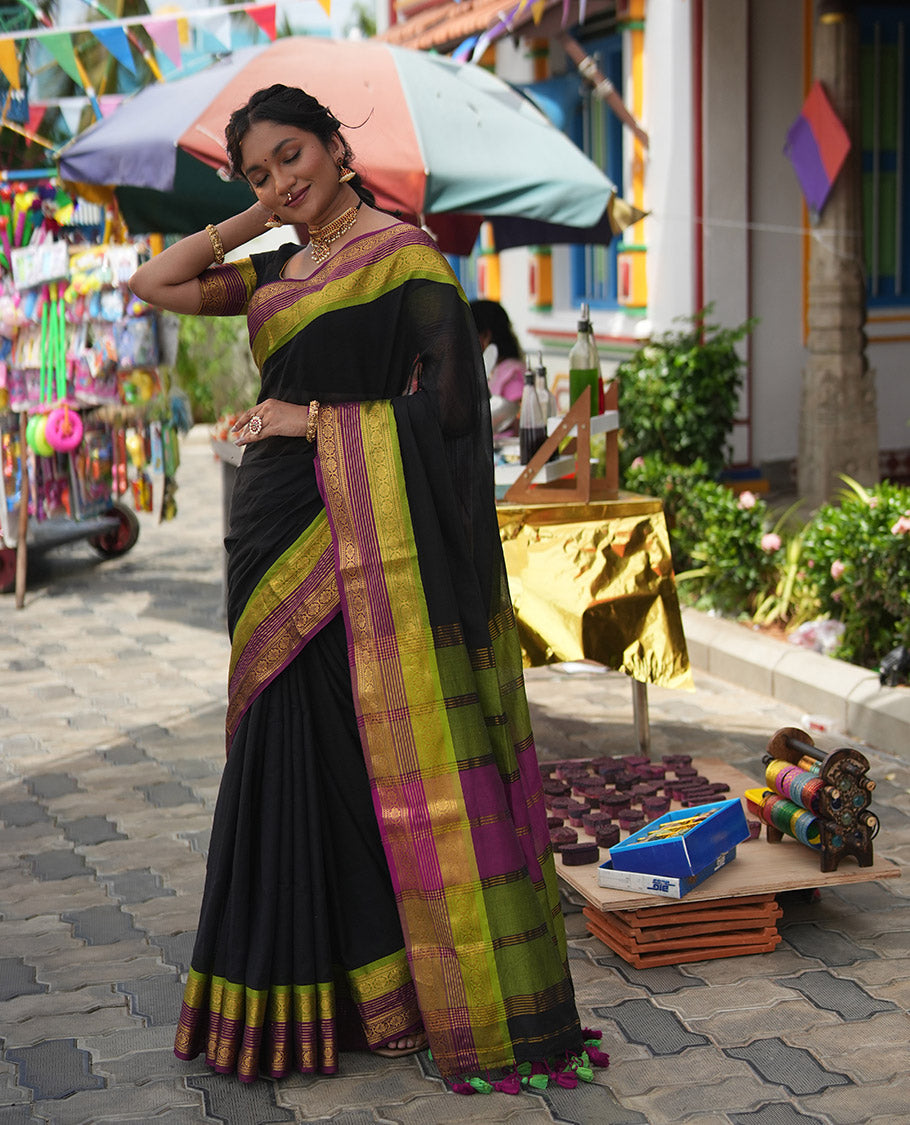 Black Plain Khadi Mul Cotton Saree, Complemented by a Contrast Traditional Zari Border, Striped Pallu, and a Matching Blouse