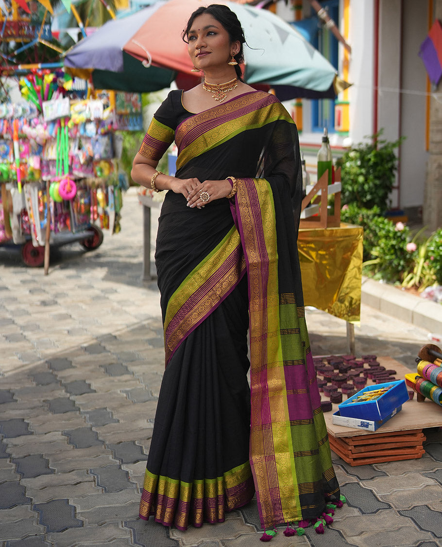 Black Plain Khadi Mul Cotton Saree, Complemented by a Contrast Traditional Zari Border, Striped Pallu, and a Matching Blouse