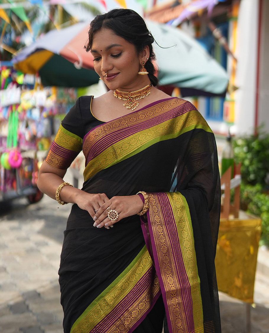 Black Plain Khadi Mul Cotton Saree, Complemented by a Contrast Traditional Zari Border, Striped Pallu, and a Matching Blouse