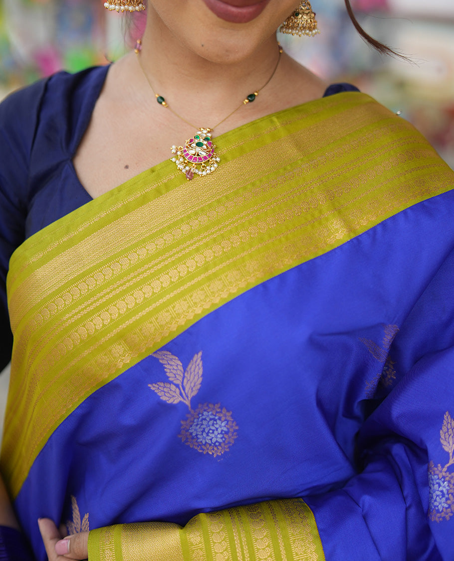 M.s Blue-Green Budget Silk Saree, Accentuated with Floral Zari Buttas, a Contrast Traditional Zari Border, Grand Pallu, and a Contrast Blouse