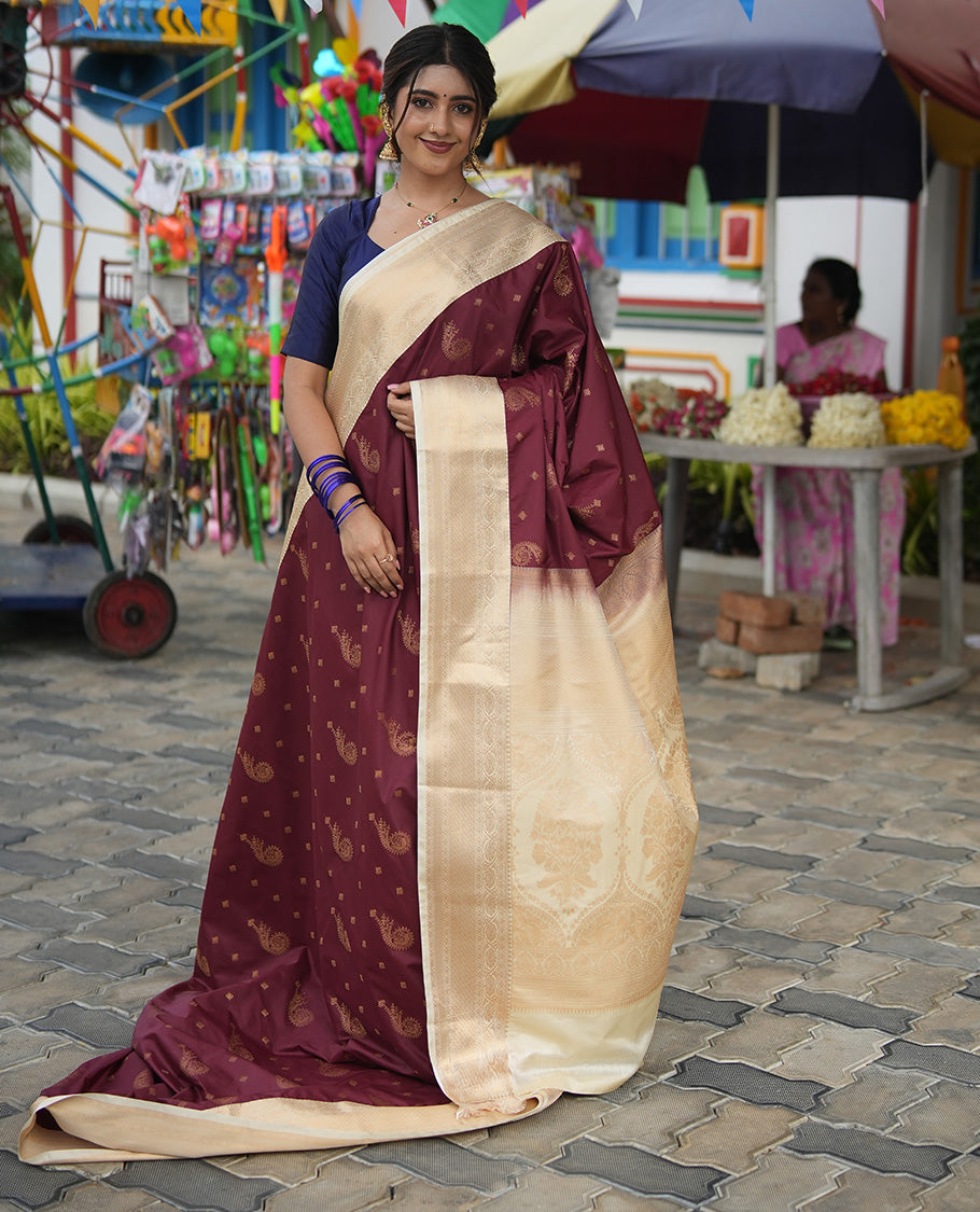 Maroon-Cream Budget Silk Saree, Adorned with Kolam and Floral Buttas, a Contrast Traditional Zari Border, Grand Pallu, and a Contrast Blouse