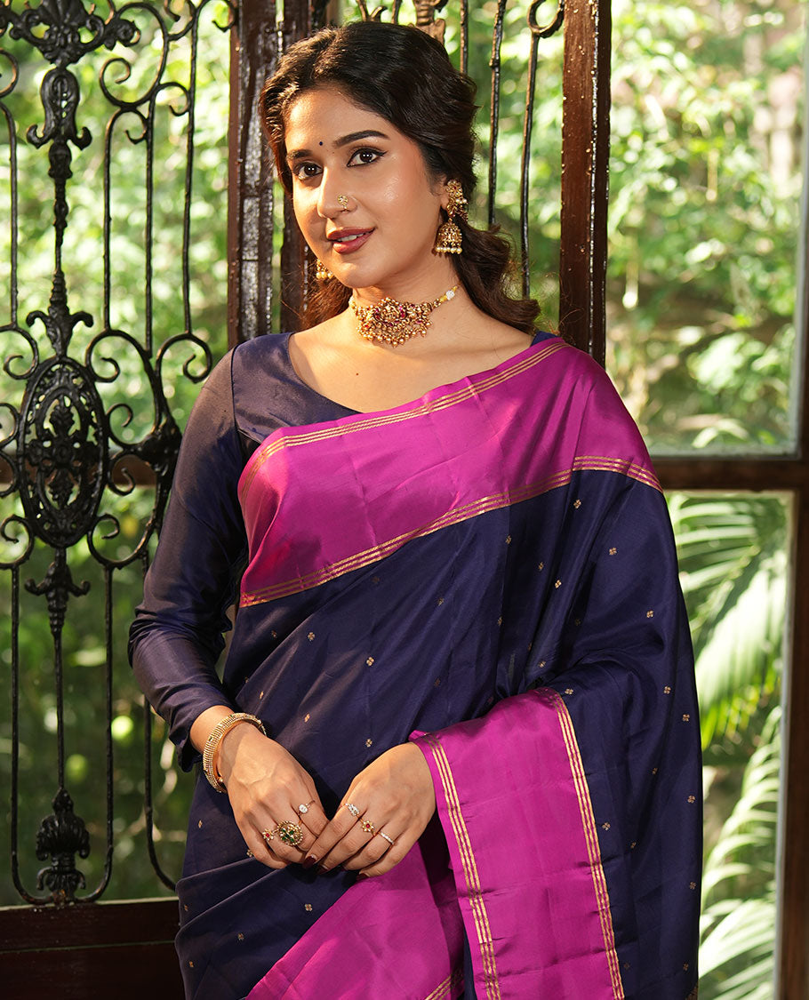 Blue Vasundhara Lite-Silk Mix Saree, Beautifully Decorated with Zari Buttas All Over Its Body, Complemented by Contrast Rettai Pettu Border of Zari Stripes, Pallu Accentuated with Jaal Designs, and Paired with a Contrast Blouse