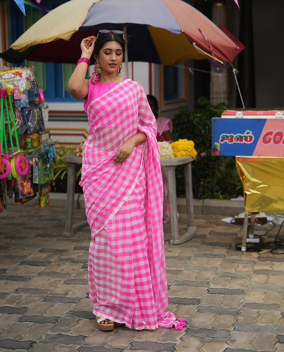 Borderless Baby Pink Khadi Mul Cotton Saree, Adorned with Vintage Checks, a Self-Pallu, and No Blouse