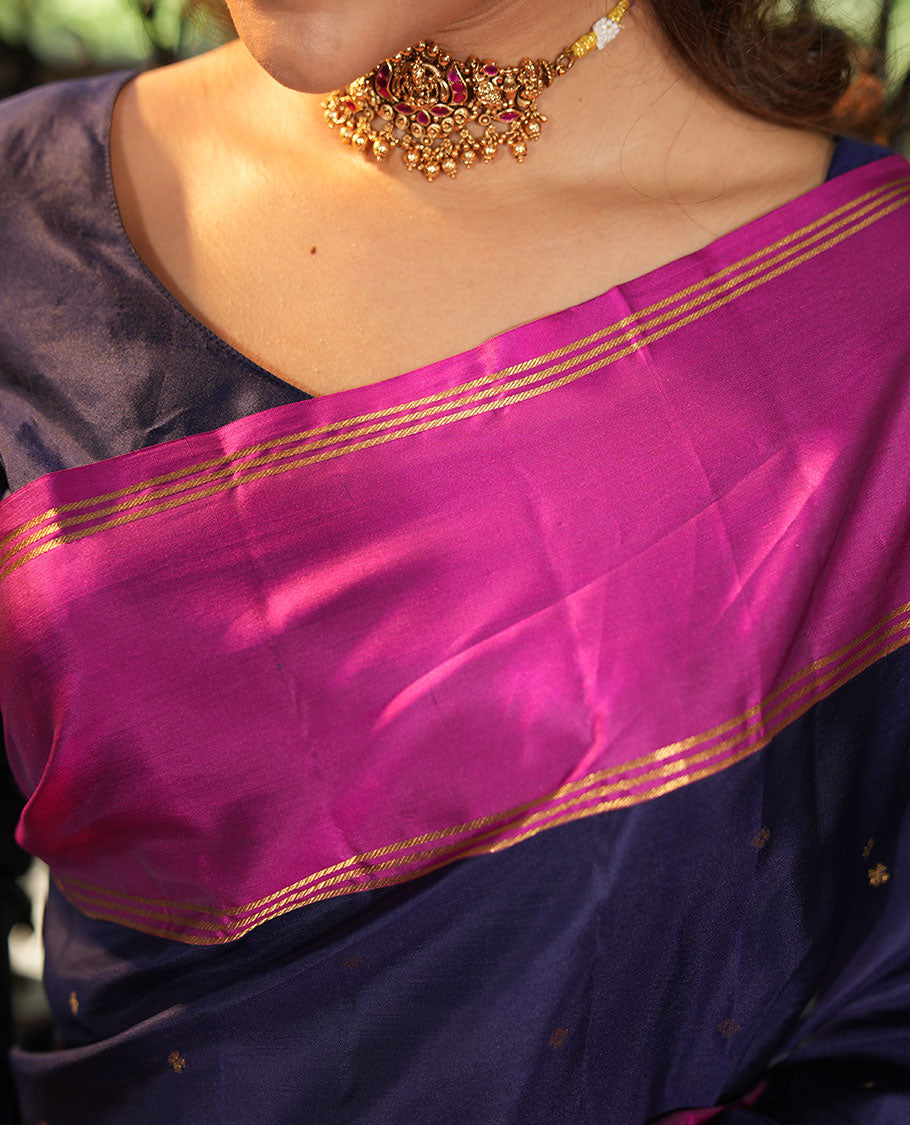 Blue Vasundhara Lite-Silk Mix Saree, Beautifully Decorated with Zari Buttas All Over Its Body, Complemented by Contrast Rettai Pettu Border of Zari Stripes, Pallu Accentuated with Jaal Designs, and Paired with a Contrast Blouse