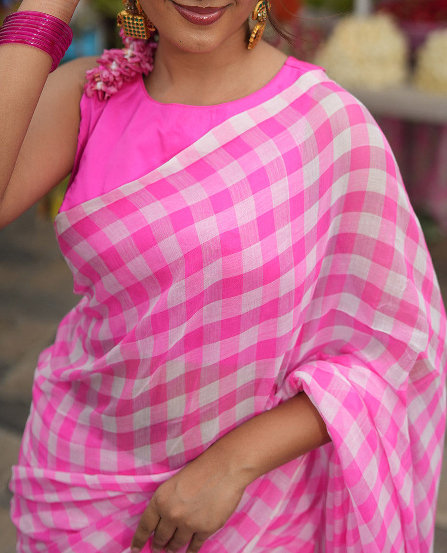 Borderless Baby Pink Khadi Mul Cotton Saree, Adorned with Vintage Checks, a Self-Pallu, and No Blouse