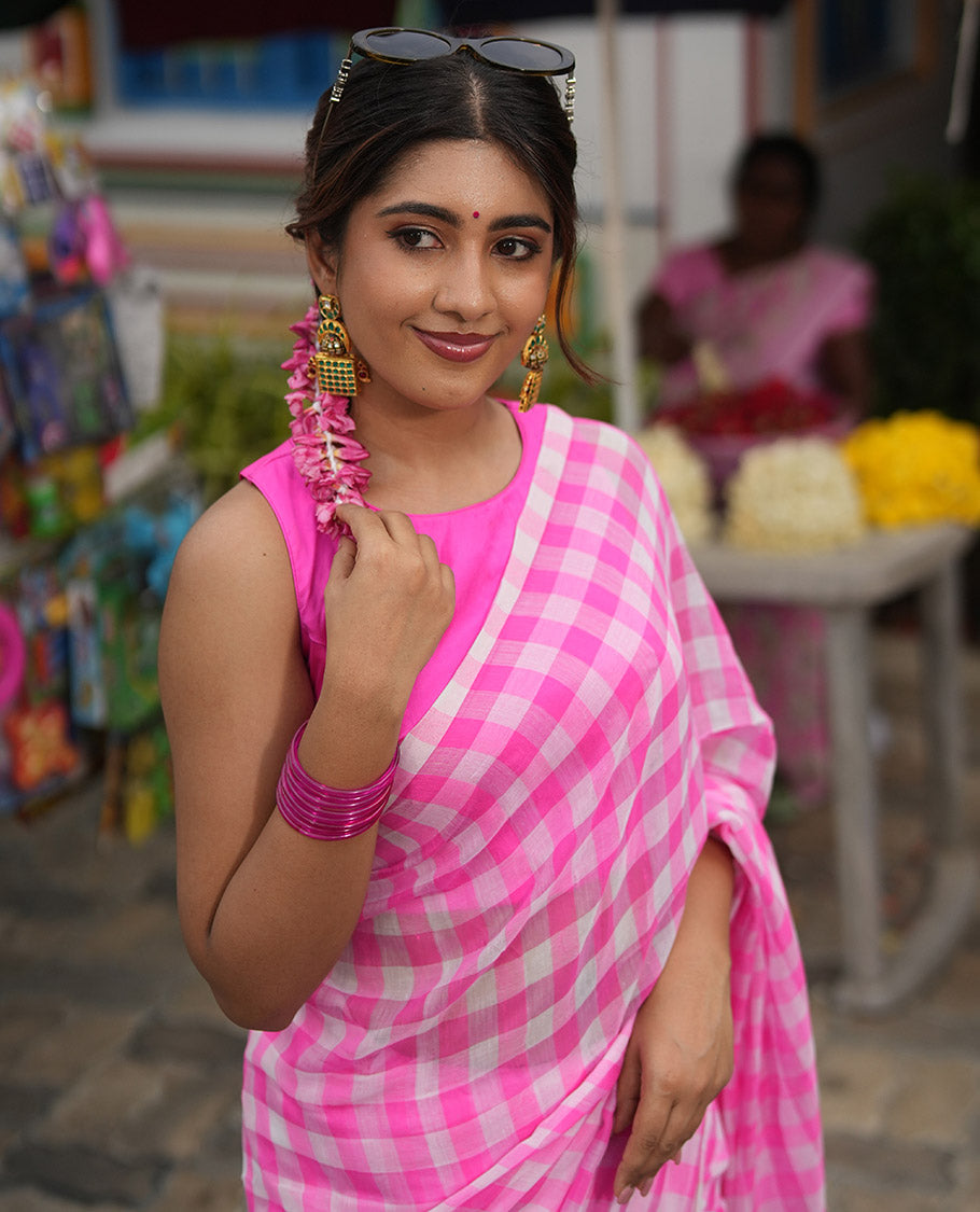 Borderless Baby Pink Khadi Mul Cotton Saree, Adorned with Vintage Checks, a Self-Pallu, and No Blouse