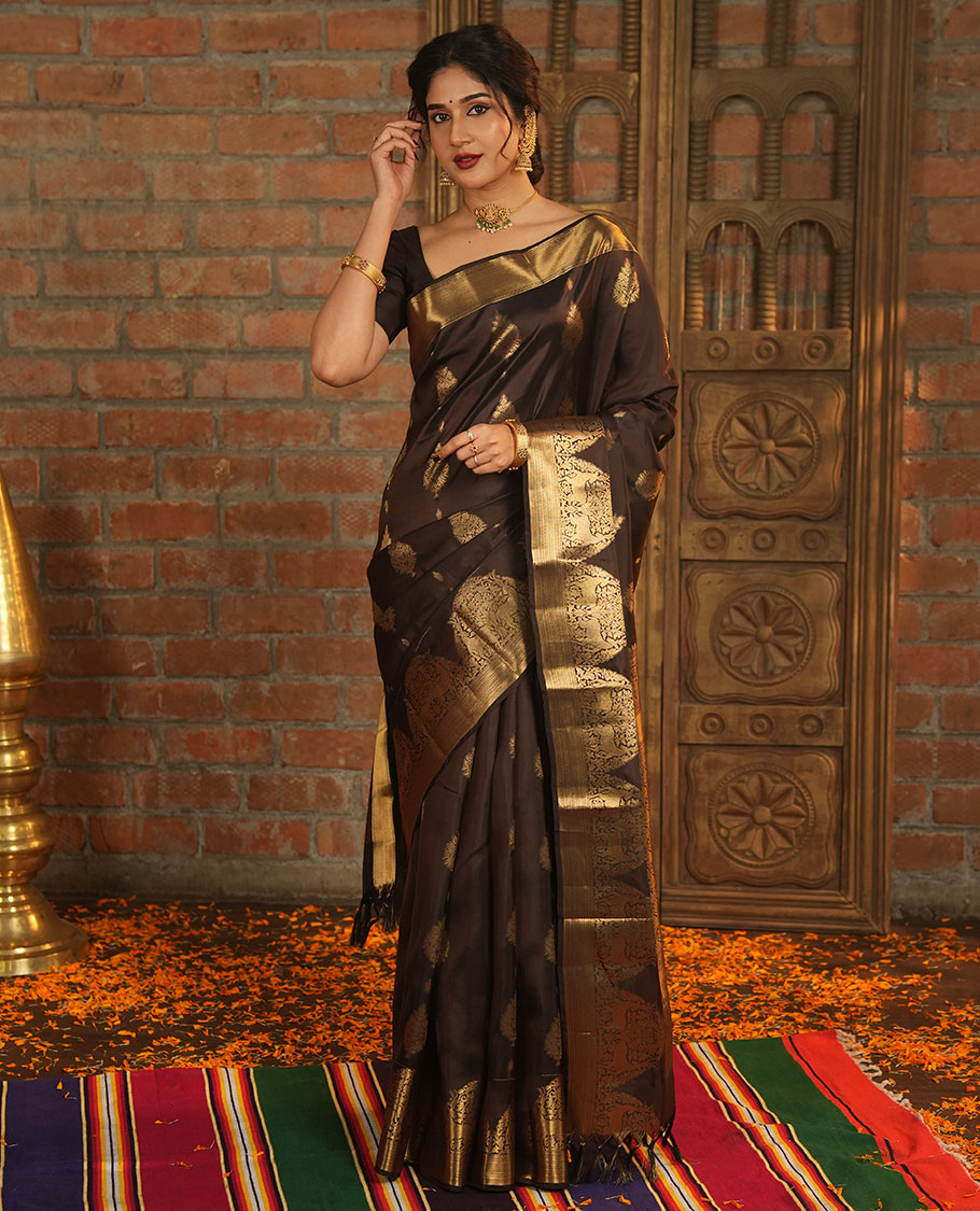 Brown Vasundhara Lite-Silk Mix Saree, Elevated with Zari Buttas All Over Its Body, Highlighted by Zari Border of Neli, Kuyil Kann, Kathir, and Maan Designs, Gracefully Embellished Pallu of Jaal Design, and Paired with a Matching Blouse