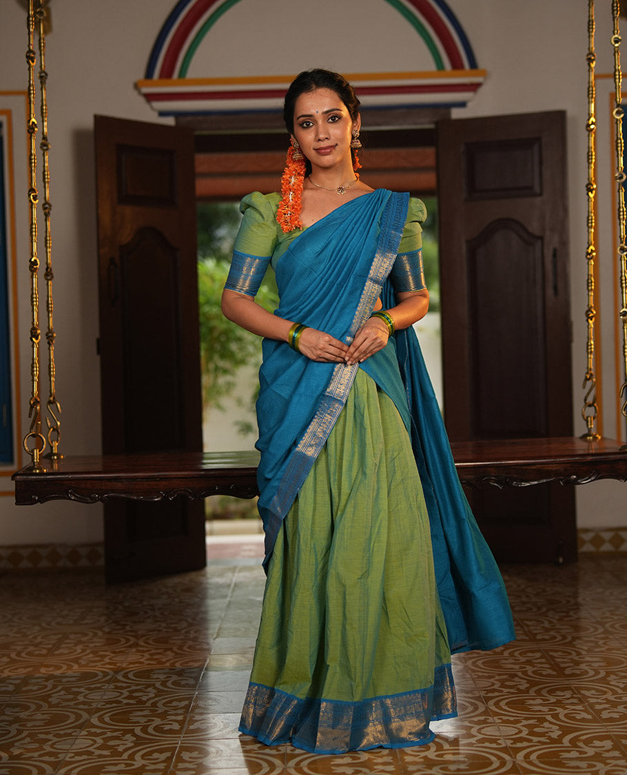 Liril Green-Firozi Blue Chettinad Cotton Half-Saree Featuring Plain Skirt, Contrast Traditional Border, Matching Blouse, Syska Georgette Dhavani