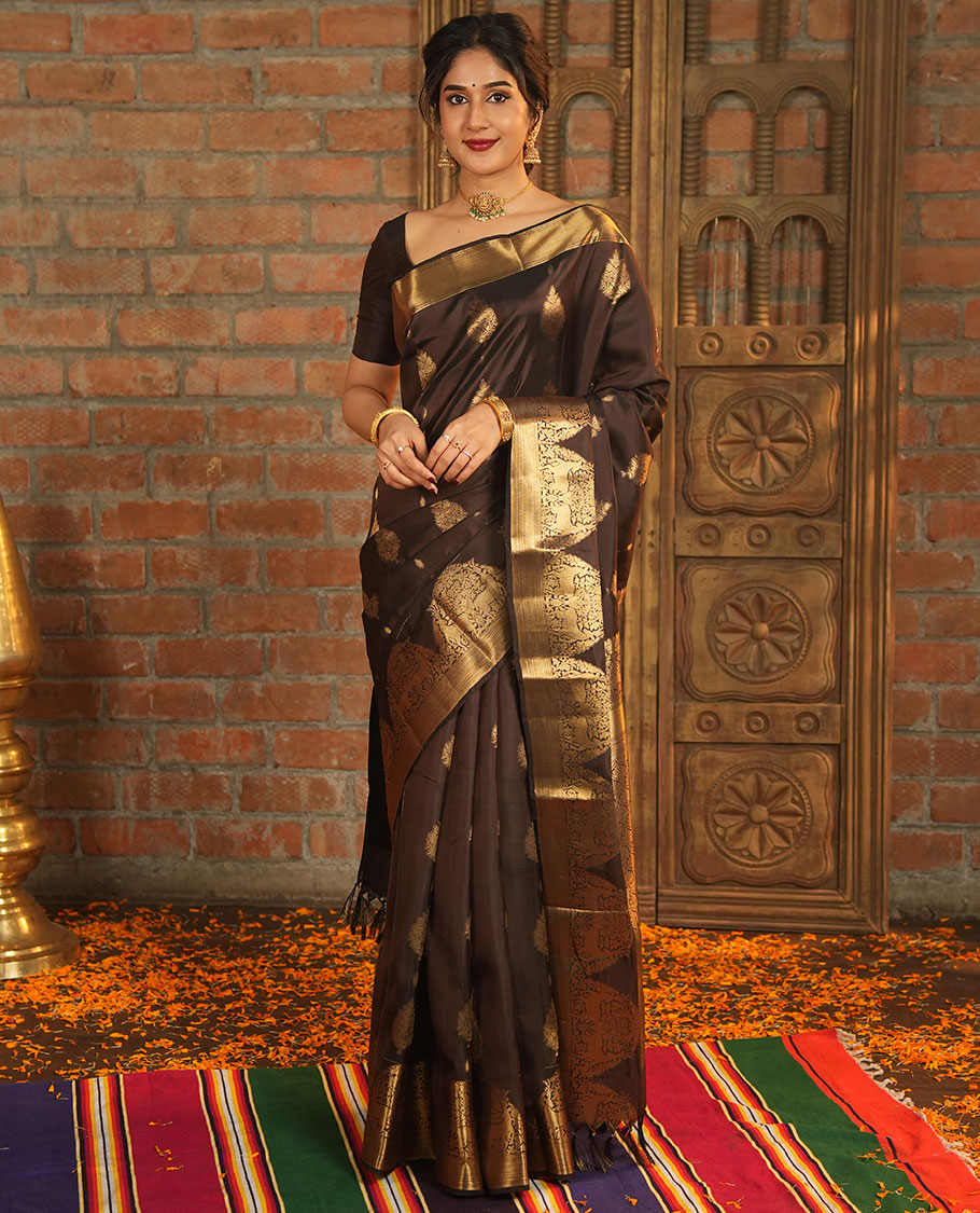 Brown Vasundhara Lite-Silk Mix Saree, Elevated with Zari Buttas All Over Its Body, Highlighted by Zari Border of Neli, Kuyil Kann, Kathir, and Maan Designs, Gracefully Embellished Pallu of Jaal Design, and Paired with a Matching Blouse