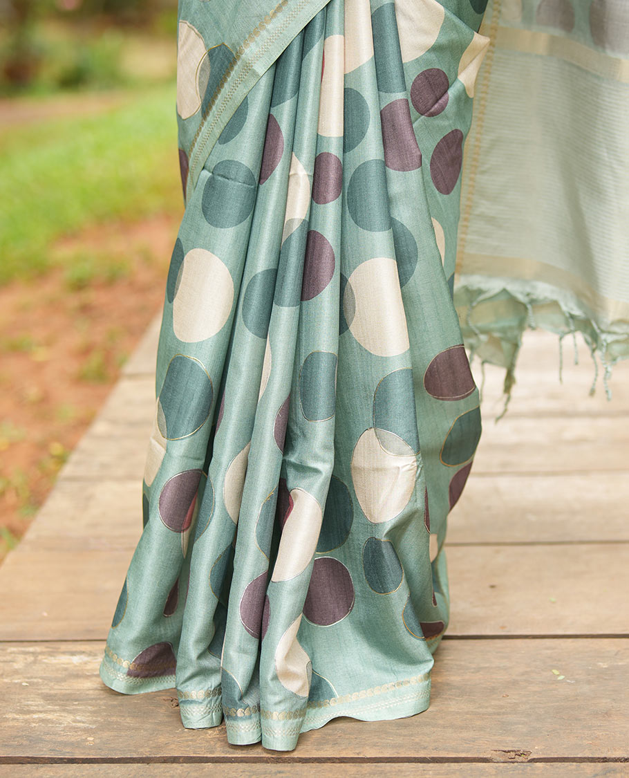 Olive Green Fancy Tussar Saree With Polka Dots, Zari Border, Pallu, and Blouse
