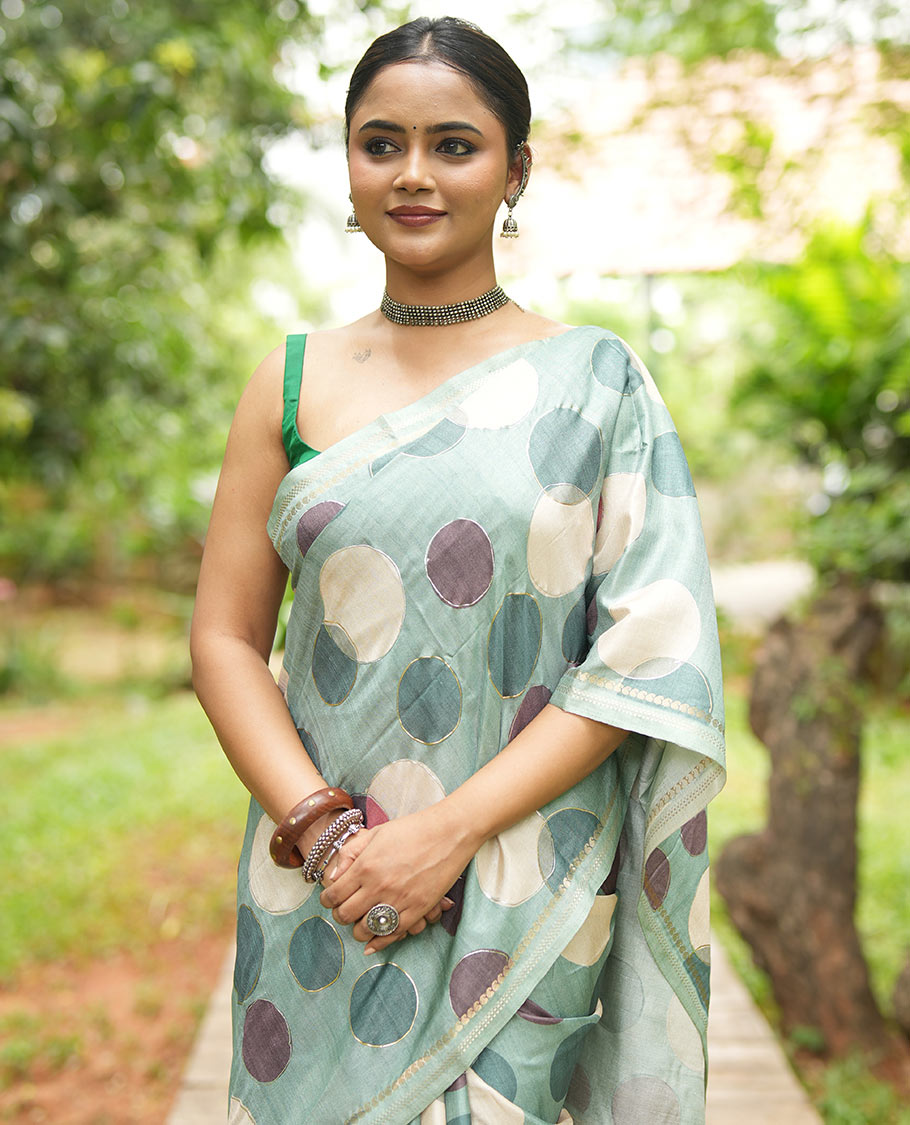 Olive Green Fancy Tussar Saree With Polka Dots, Zari Border, Pallu, and Blouse