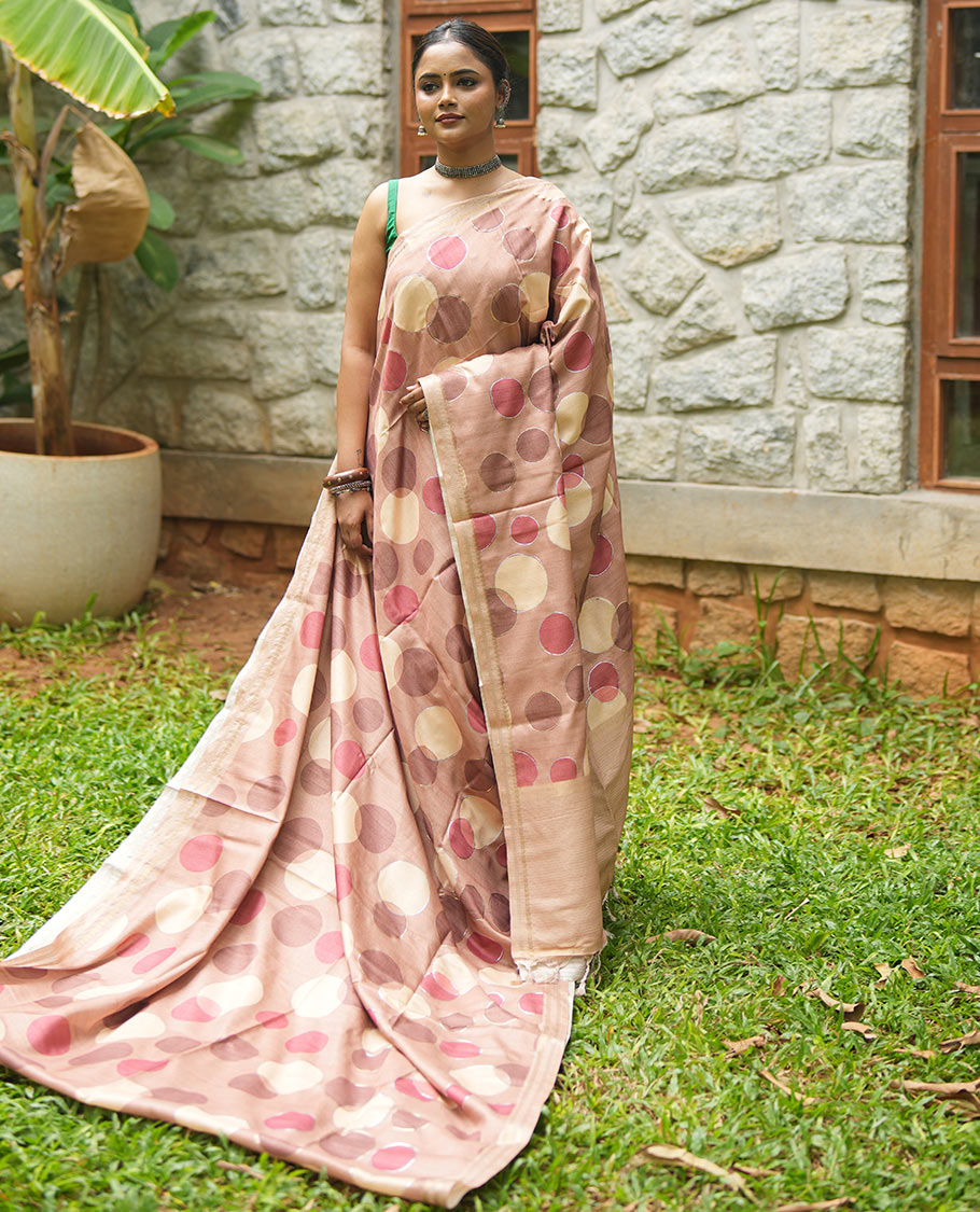 Brown Fancy Tussar Saree With Polka Dots, Zari Border, Pallu, and Blouse