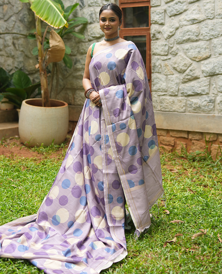 Lavender Fancy Tussar Saree With Polka Dots, Zari Border, Pallu, and Blouse