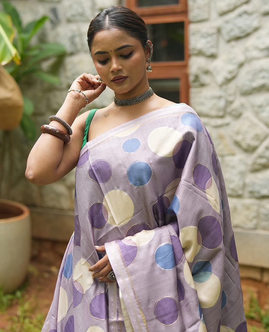 Lavender Fancy Tussar Saree With Polka Dots, Zari Border, Pallu, and Blouse