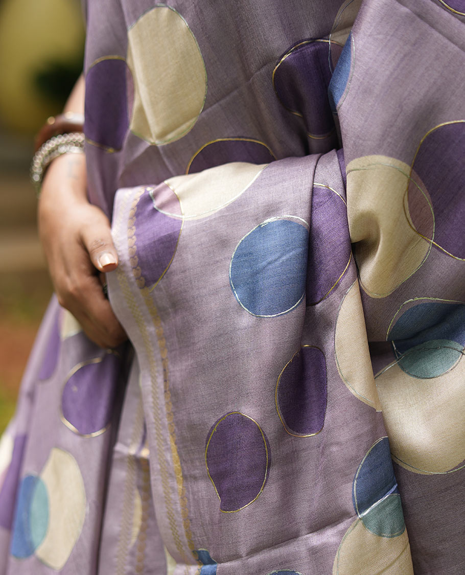 Lavender Fancy Tussar Saree With Polka Dots, Zari Border, Pallu, and Blouse