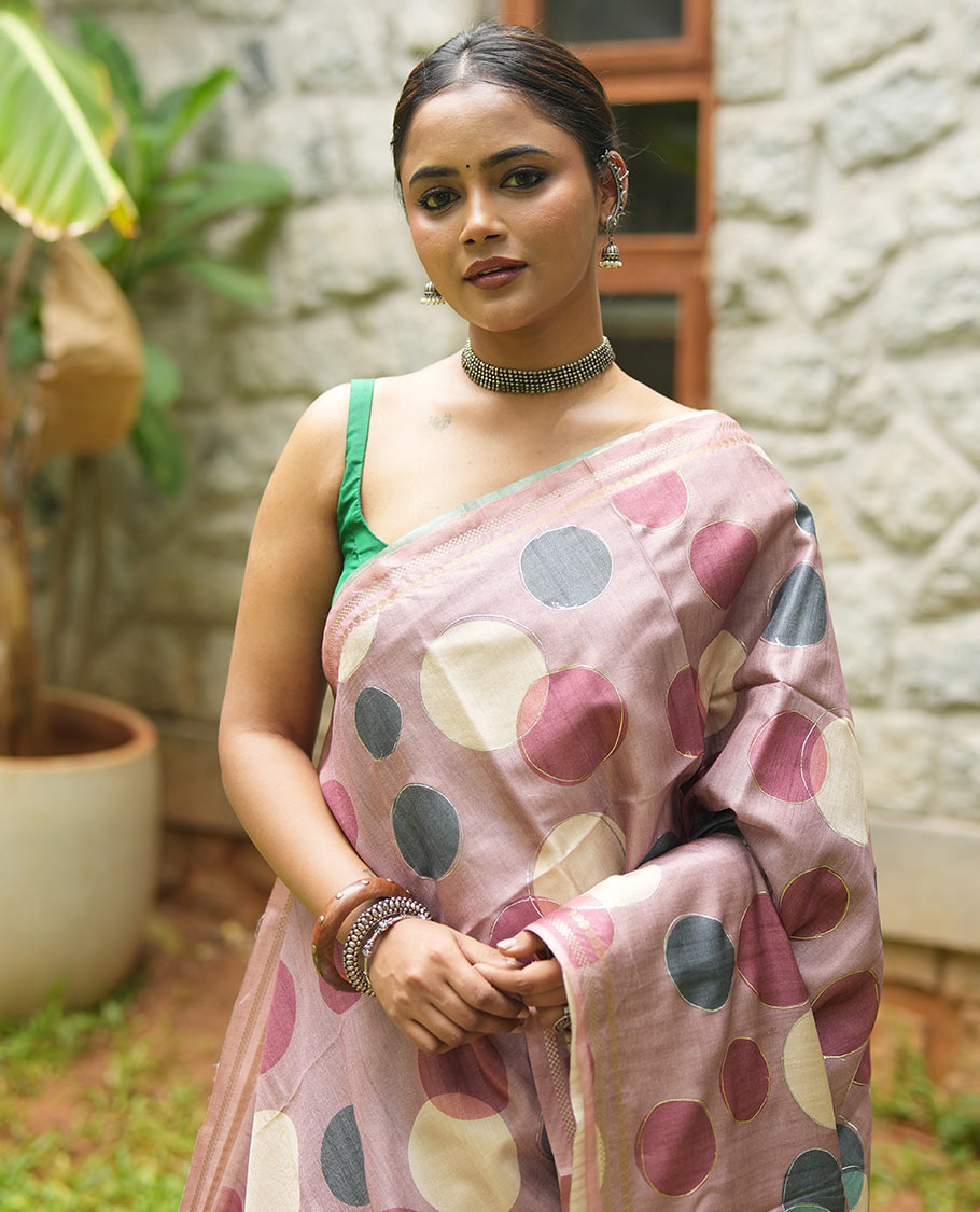Onion Pink Fancy Tussar Saree With Polka Dots, Zari Border, Pallu, and Blouse