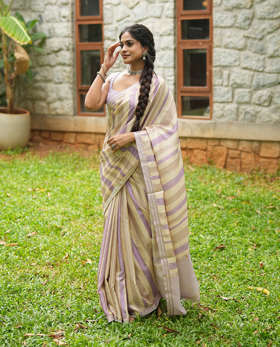 Chikku-Lavender Fancy Tussar Silk With Stripes, Zari Border, Pallu, and Blouse