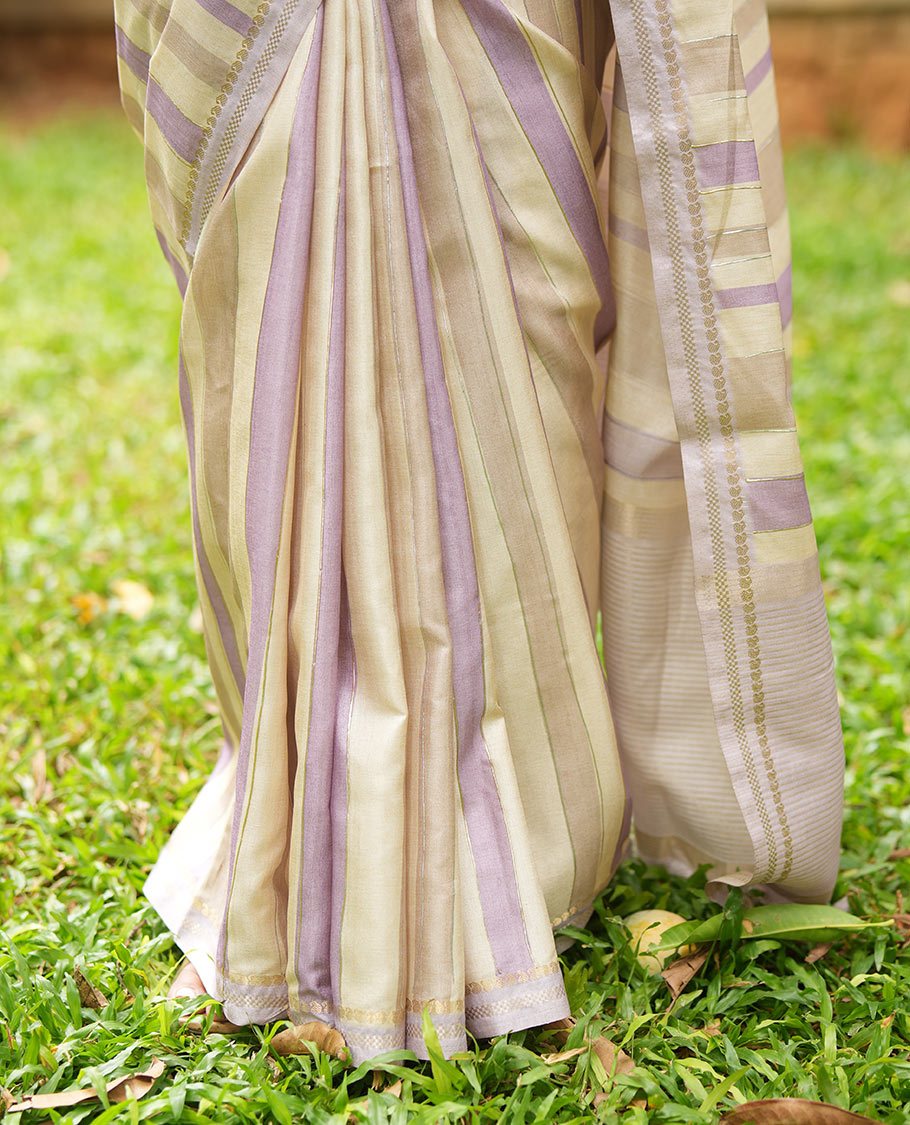Chikku-Lavender Fancy Tussar Silk With Stripes, Zari Border, Pallu, and Blouse