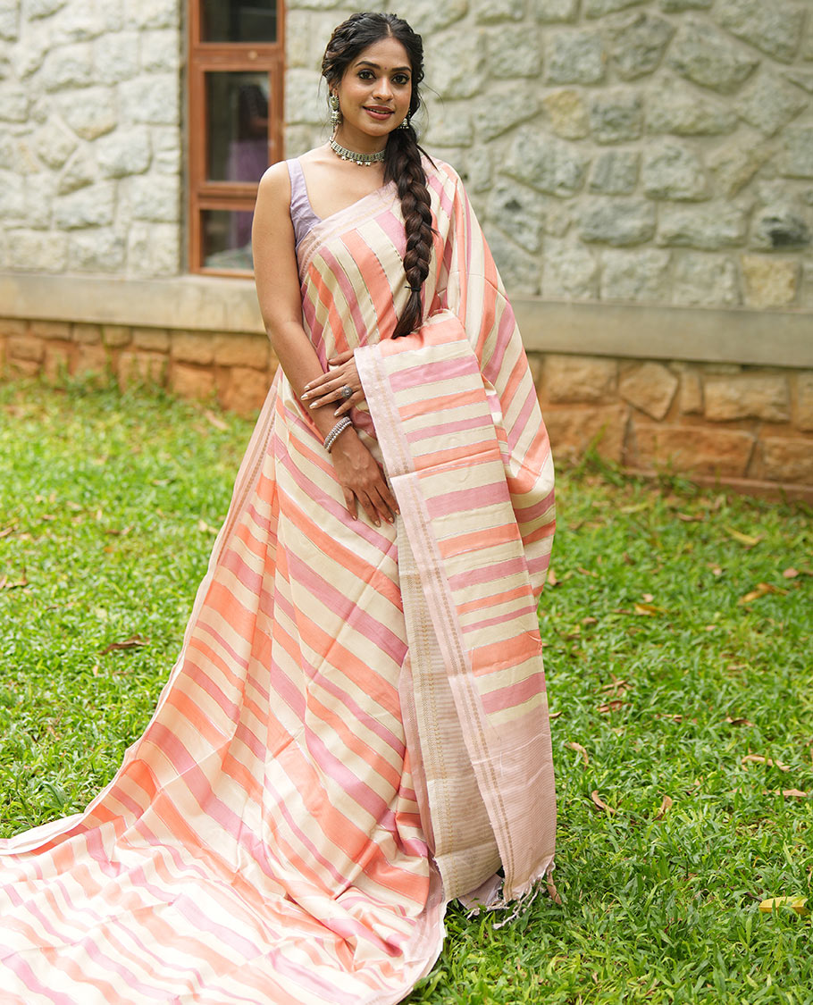 Chikku-Peach Fancy Tussar Silk With Stripes, Zari Border, Pallu, and Blouse
