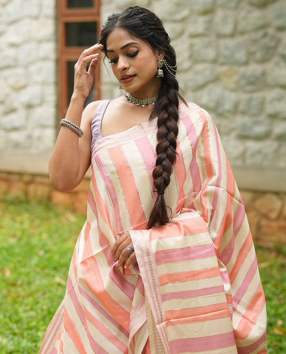 Chikku-Peach Fancy Tussar Silk With Stripes, Zari Border, Pallu, and Blouse