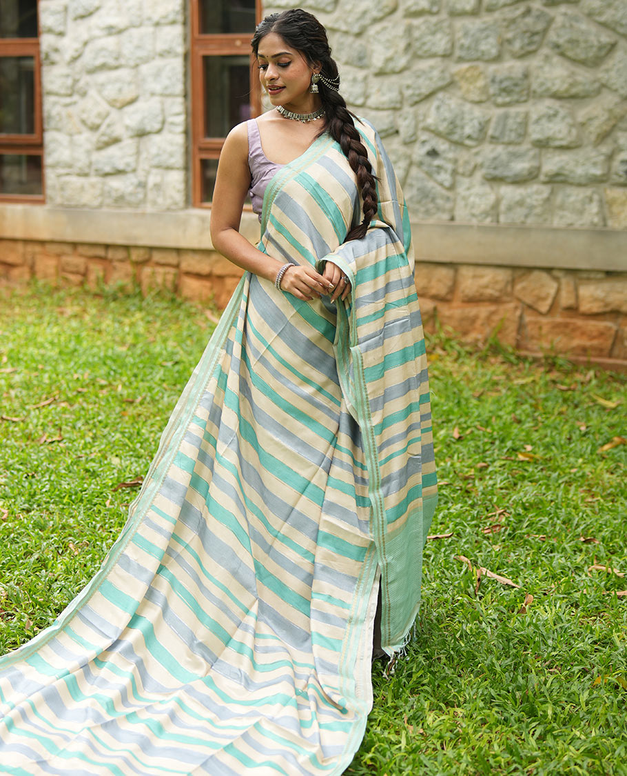Chikku-Rama Blue Fancy Tussar Silk With Stripes, Zari Border, Pallu, and Blouse