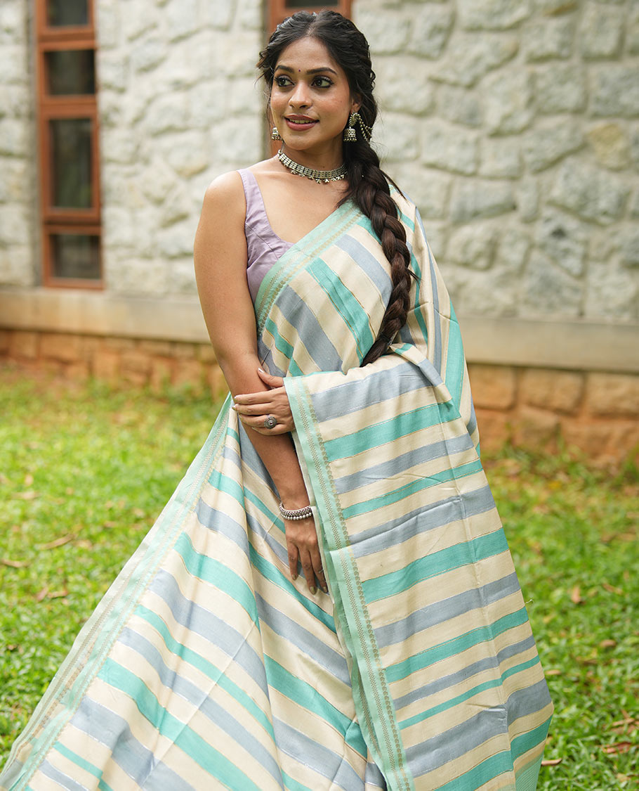 Chikku-Rama Blue Fancy Tussar Silk With Stripes, Zari Border, Pallu, and Blouse
