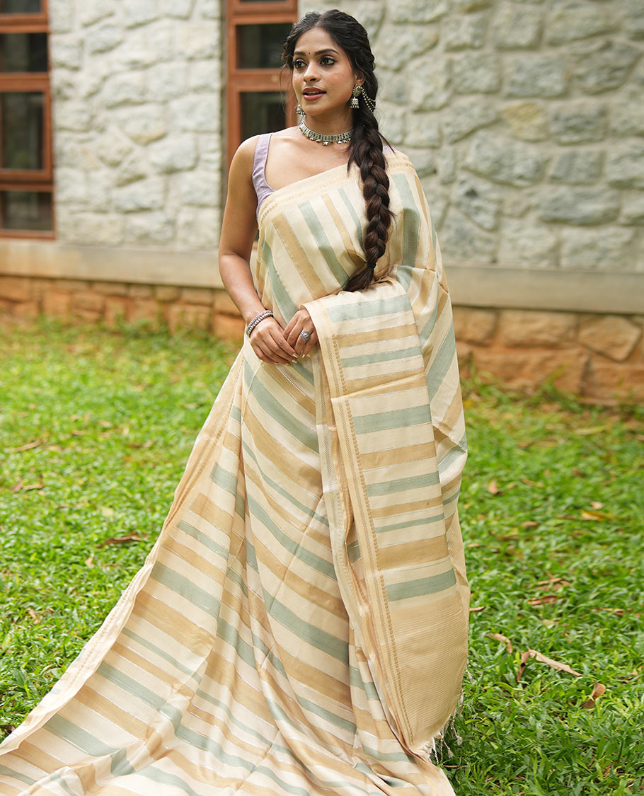 Chikku-Mustard Fancy Tussar Silk With Stripes, Zari Border, Pallu, and Blouse