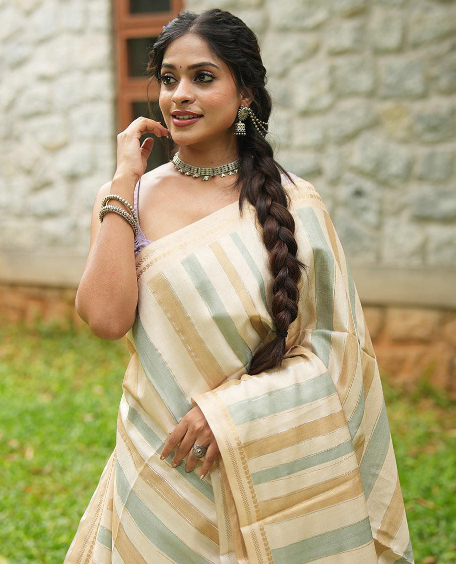 Chikku-Mustard Fancy Tussar Silk With Stripes, Zari Border, Pallu, and Blouse