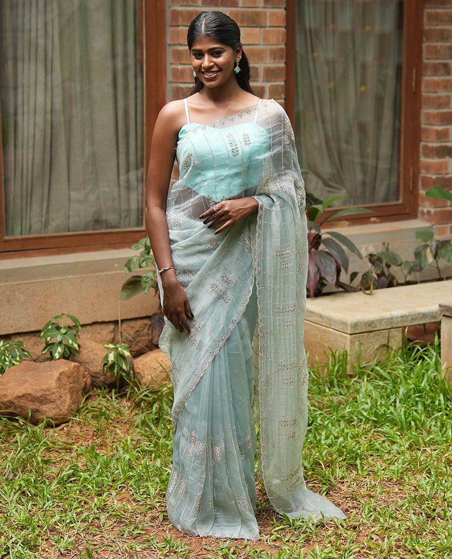 Sky Blue Swarovski and Meena Stonework Organza Designer Saree with Scallop Border, Matching Blouse