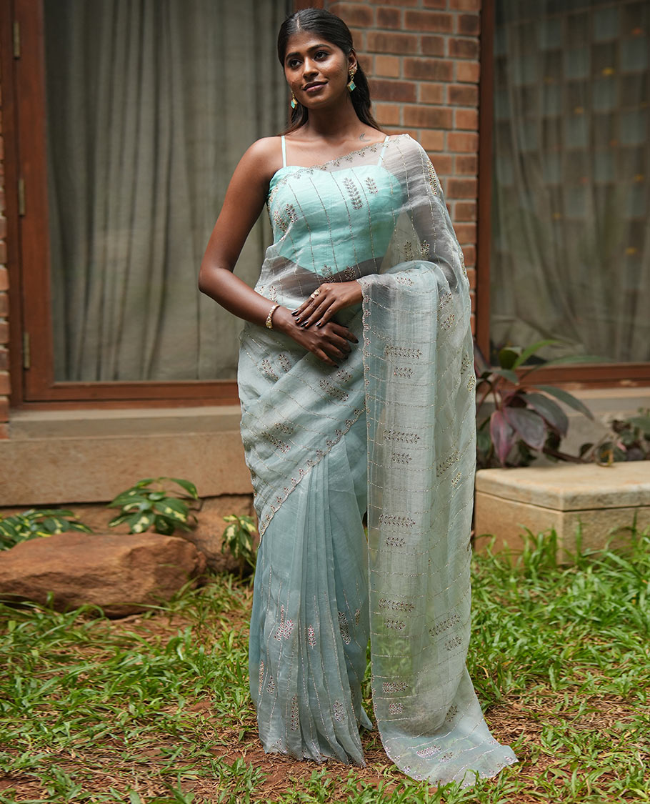 Sky Blue Swarovski and Meena Stonework Organza Designer Saree with Scallop Border, Matching Blouse