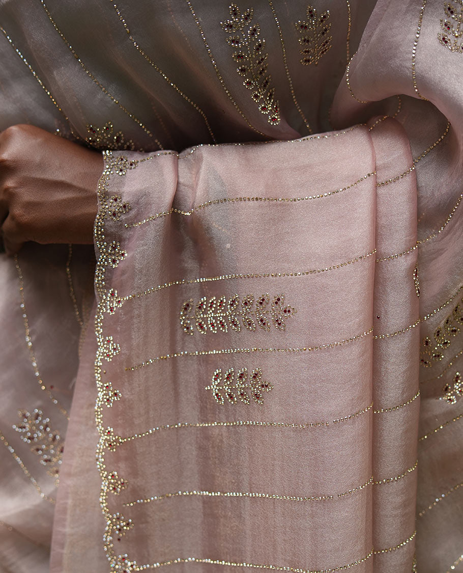 Peach Swarovski and Meena Stonework Organza Designer Saree with Scallop Border, Matching Blouse