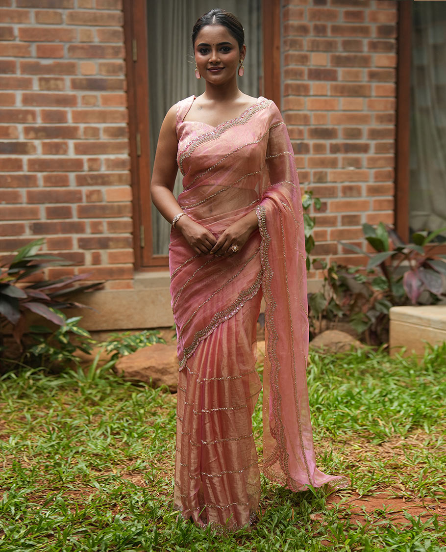 Pastel Pink Stone-Kardana Work Organza Designer Saree with a Scallop Embroidery Border, Matching Blouse