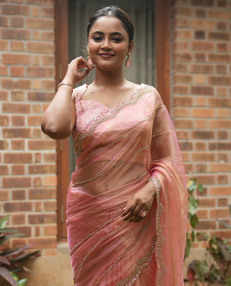 Pastel Pink Stone-Kardana Work Organza Designer Saree with a Scallop Embroidery Border, Matching Blouse