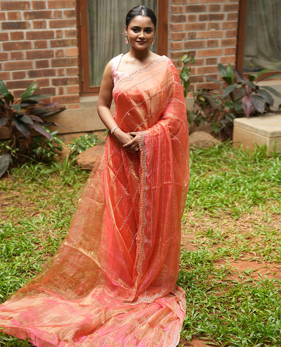 Dusky Peach Stone-Kardana Work Organza Designer Saree with a Scallop Embroidery Border, Matching Blouse