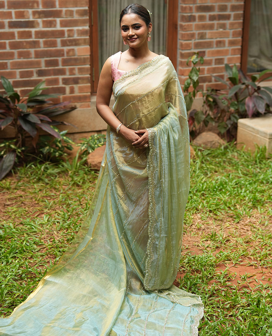 Pista Green Stone-Kardana Work Organza Designer Saree with a Scallop Embroidery Border, Matching Blouse