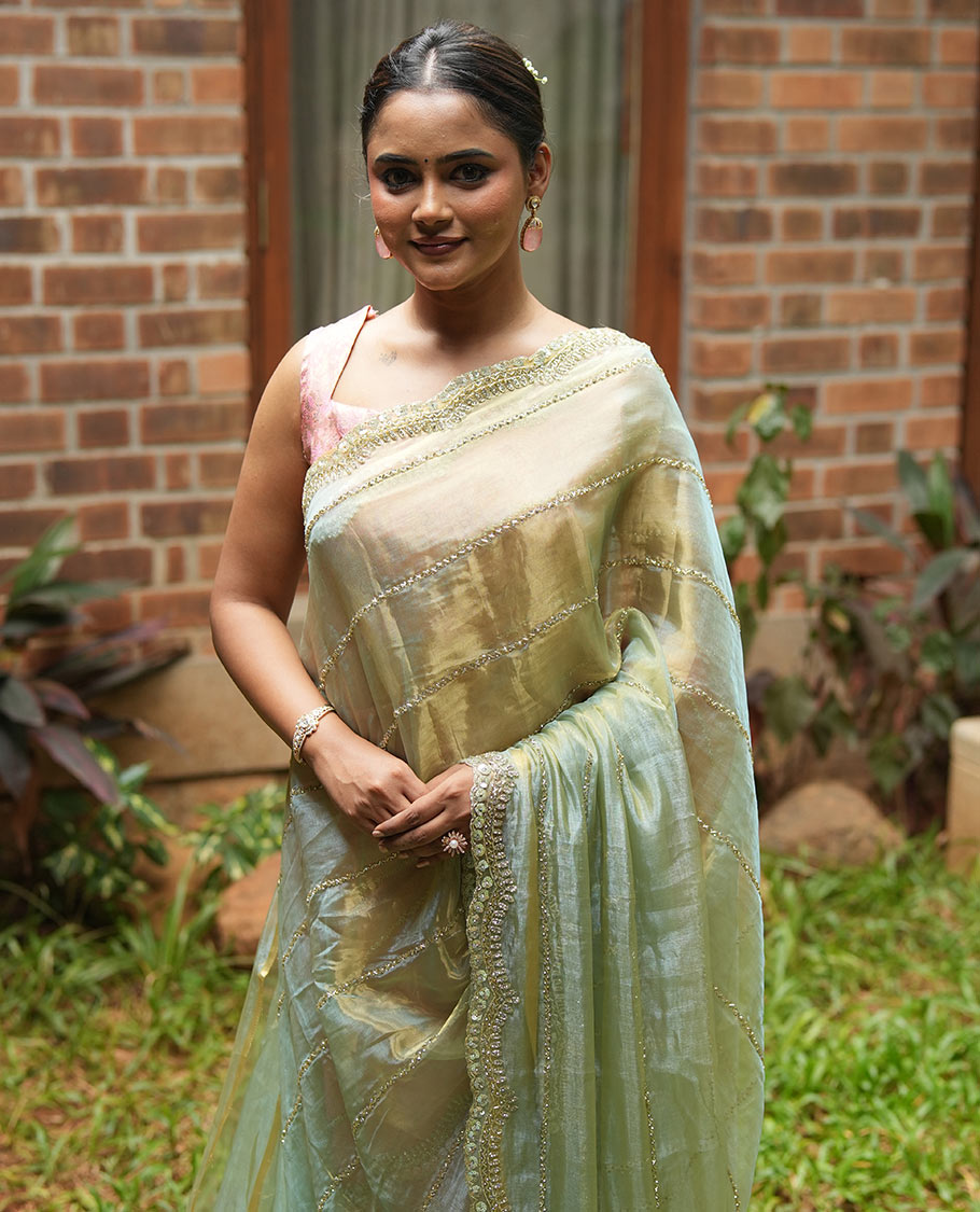 Pista Green Stone-Kardana Work Organza Designer Saree with a Scallop Embroidery Border, Matching Blouse