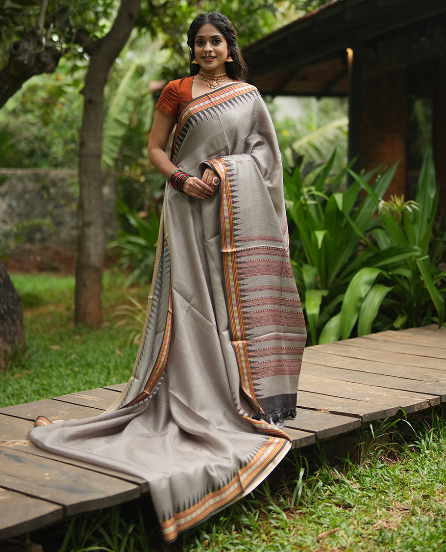 Grey Kota Saree, Contrast Temple Thread Traditional Border, and a Contrast Blouse