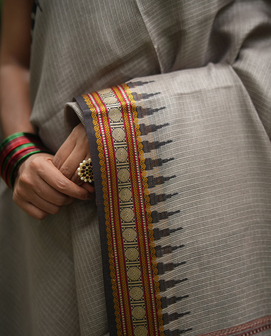 Grey Kota Saree, Contrast Temple Thread Traditional Border, and a Contrast Blouse