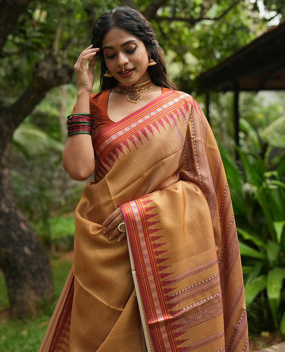 Mustard Kota Saree, Contrast Temple Thread Traditional Border, and a Contrast Blouse