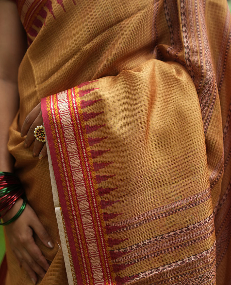 Mustard Kota Saree, Contrast Temple Thread Traditional Border, and a Contrast Blouse