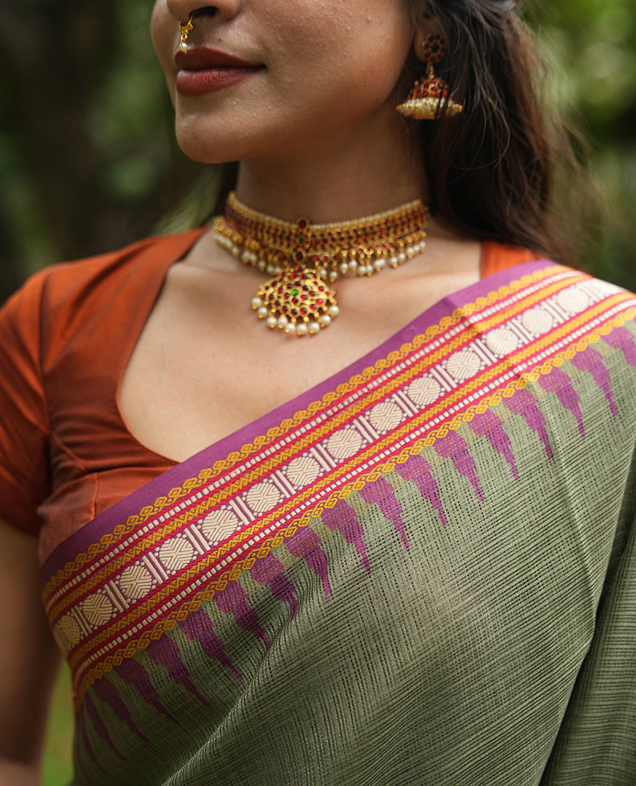 Olive Green Kota Saree, a Contrast Temple Thread Traditional Border and Contrast Blouse
