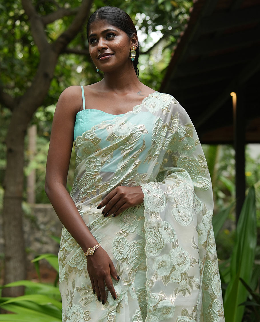 Sea Green Turkey Organza Saree Features Floral Gold-Glitter work, Scallop Border, Embroidered Blouse
