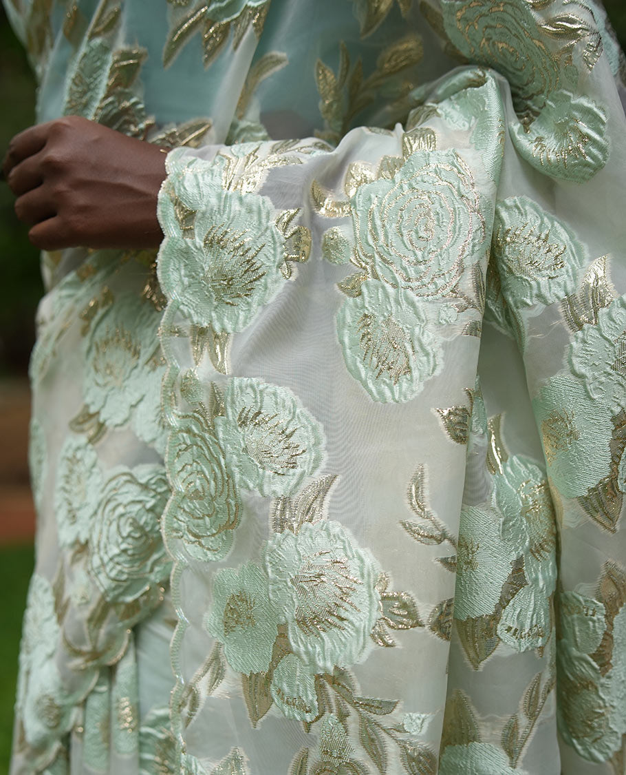 Sea Green Turkey Organza Saree Features Floral Gold-Glitter work, Scallop Border, Embroidered Blouse