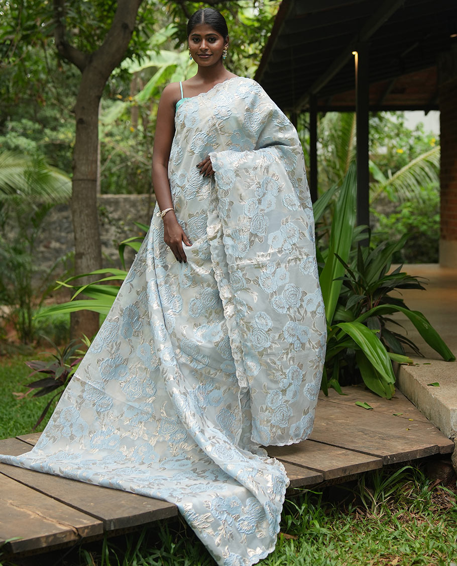 Sky Blue Turkey Organza Saree Features Floral Gold-Glitter work, Scallop Border, a Embroidered Blouse